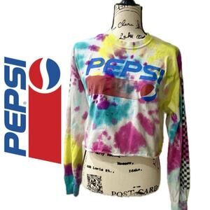 PEPSI TIE DYE CROPPED T-SHIRT LONG SLEEVE SZ MEDIUM 100% COTTON RETRO AESTHETIC